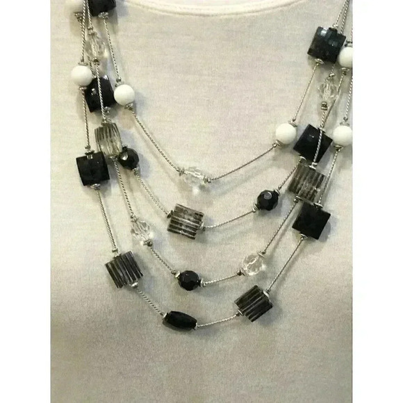 Multistrand Black White Clear Beaded Faceted Bead Necklace with Extender - Picture 1 of 16
